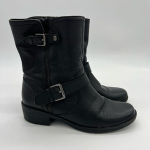 Anne Klein Akleyna Leather Buckle Combat Moto Style Ankle Boots Black Sise 6